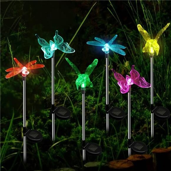 6 Pcs Solar Garden Lights, Color Changing Butterfly, Dragonfly & Hummingbird - Picture 1 of 6